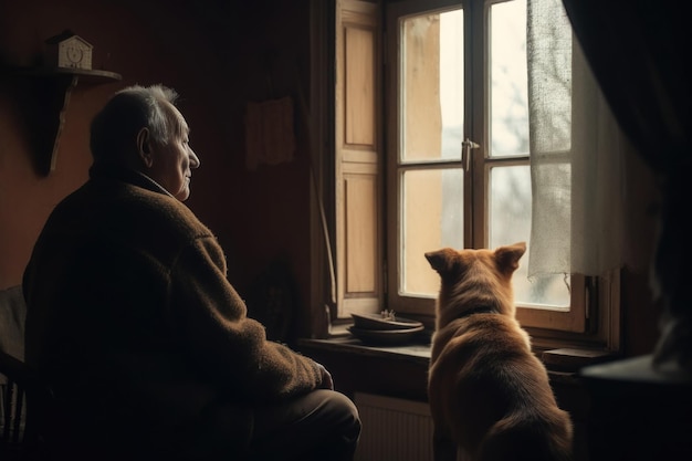 Alone senior man sitting near window with dog Generative AI