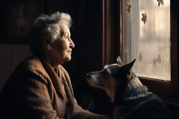 Alone senior woman sitting near window with dog Generative AI