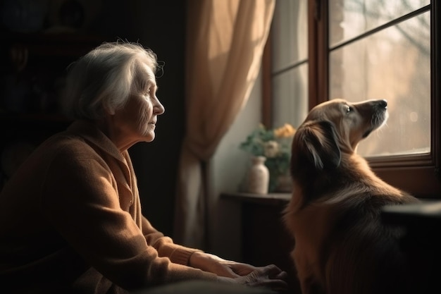 Alone senior woman sitting near window with dog Generative AI