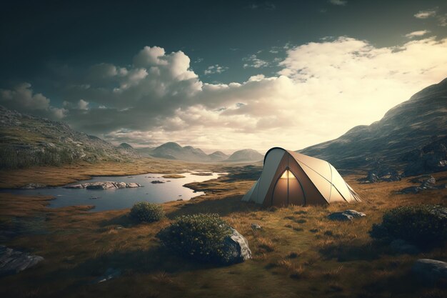 Alone tent pitched on a top a mountain Camping at the top of the world