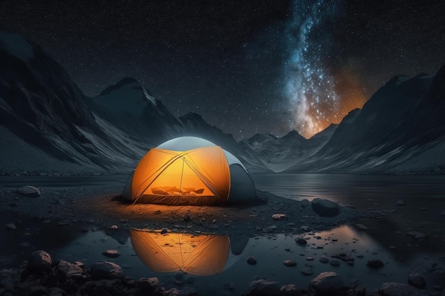 Alone tent with light in mountains at night between the stars