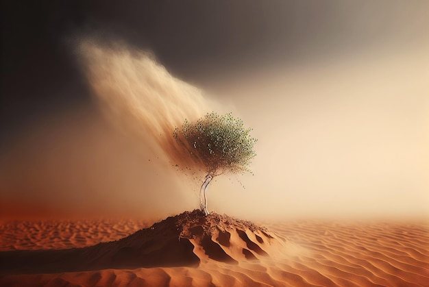 Alone tree grow in desert Ecology concept Strength of life Generative Ai