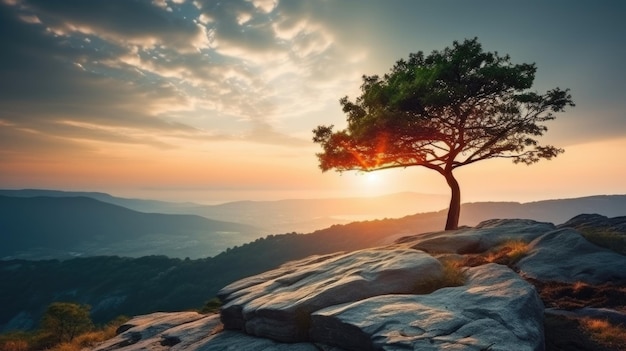 Alone tree on the mountain hill cliff in the forest at the sunset or evening time