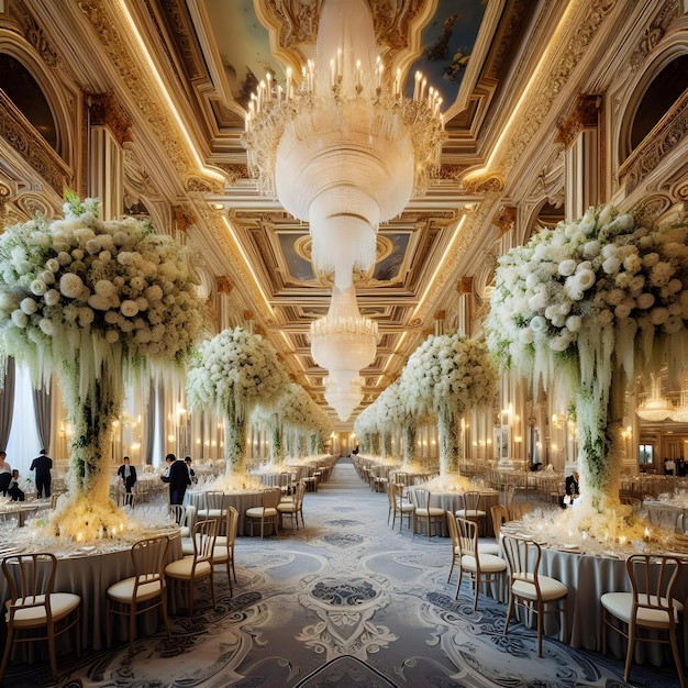 Along the elegant halls of a grand ballroom decorators arrange towering floral centerpieces amidst