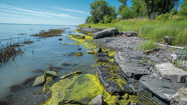 Along the shoreline patches of brilliant green scum cling to rocks and twigs indicating the spread