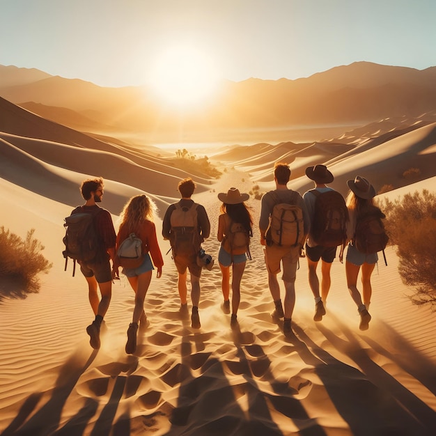 Along a sundrenched desert trail a group of friends with dusty boots and wide smiles conquers mi