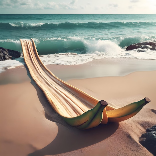 Alongside a sandy beach beachgoers enjoy a makeshift banana peel slide into the ocean amidst the ge