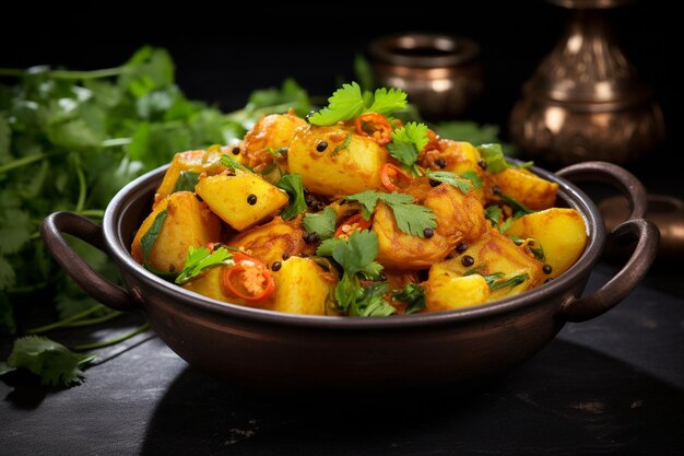 Aloo Gobi in a black stoneware bowl