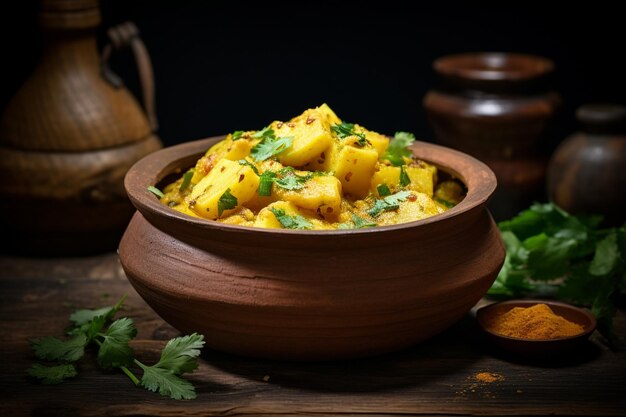 Aloo Gobi in a rustic wooden serving bowl