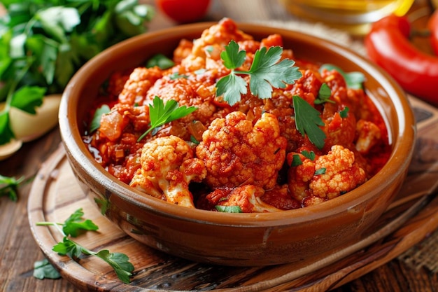 Aloo gobi traditional indian cauliflower dish on wooden chopping board