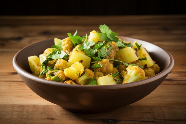 Aloo Gobi with a garnish of finely chopped green ch