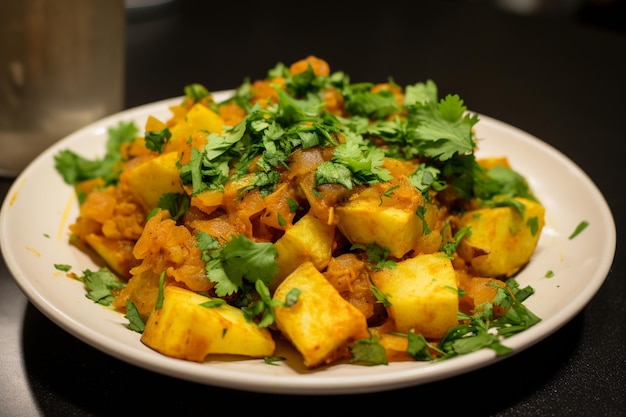 Aloo Gobi with a garnish of fresh cilantro