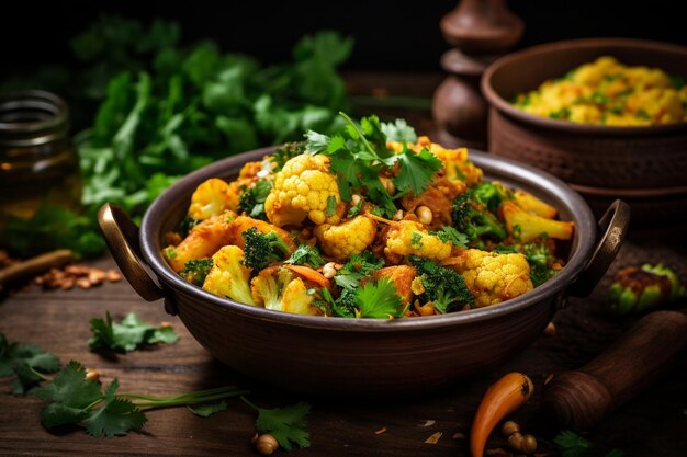 Photo aloo gobi with a sprinkle of fresh coriander seeds