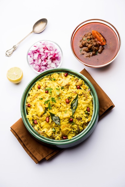 Aloo Kanda Poha or Tarri Pohe with spicy chana masala or curry