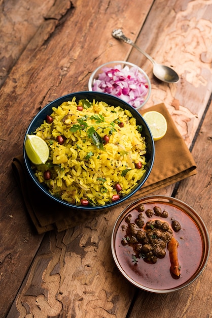 Aloo Kanda Poha or Tarri Pohe with spicy chana masala or curry