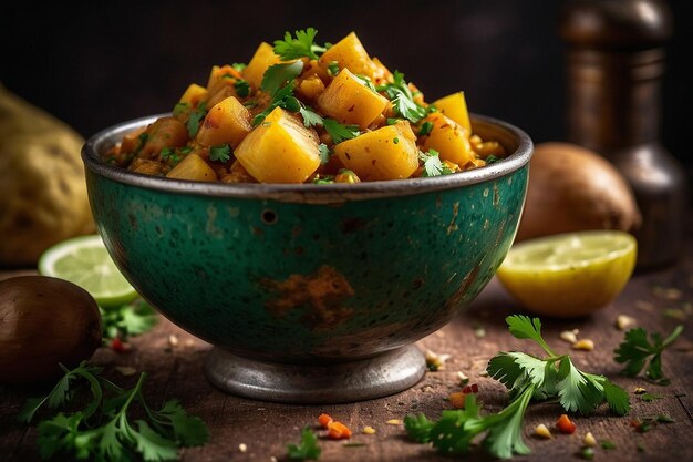 Photo aloo matar with a garnish of chopped parsley