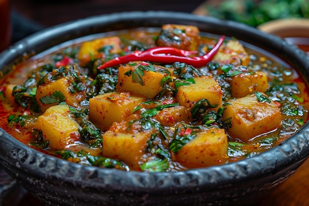 Aloo palak sabzi or spinach potatoes curry served in a bowl