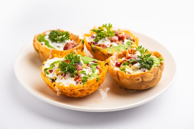 Aloo Tokri Chaat or Potato Basket stuffed chat or katori chat