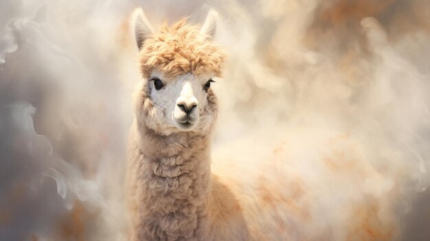 Alpaca in cloud of beige smoke emerges gracefully creating an enchanting and surreal scene