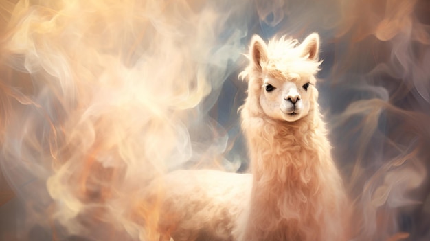 Alpaca in cloud of beige smoke emerges gracefully creating an enchanting and surreal scene