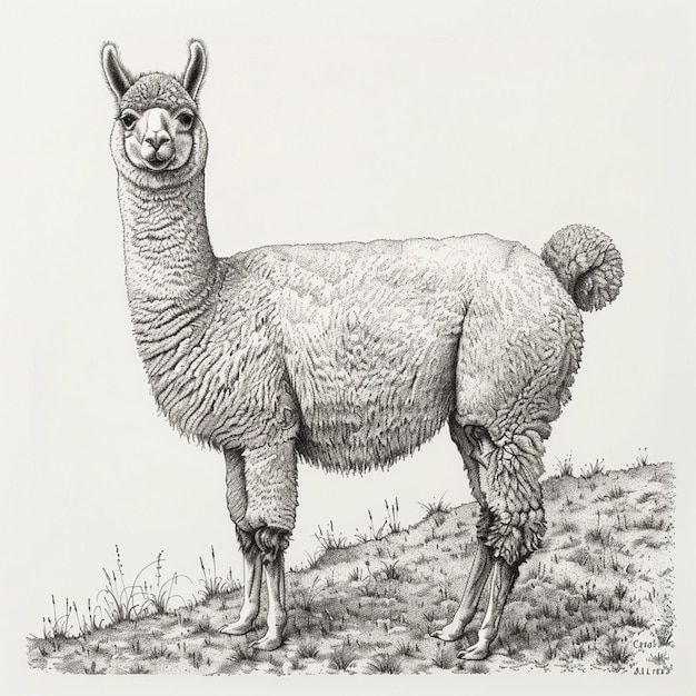 Alpaca isolated pencil drawing on white paper artwork