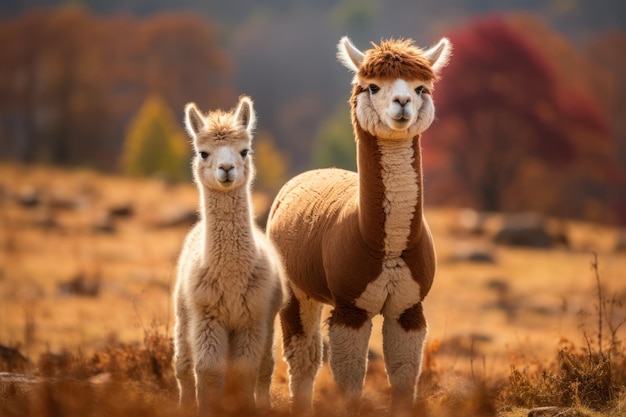 Alpaca and offspring standing on brown grass