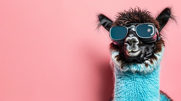 Photo alpaca with vision virtual reality sunglass solid background