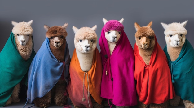 Alpacas are lined up in colorful blankets and one of them is wearing a red scarf.