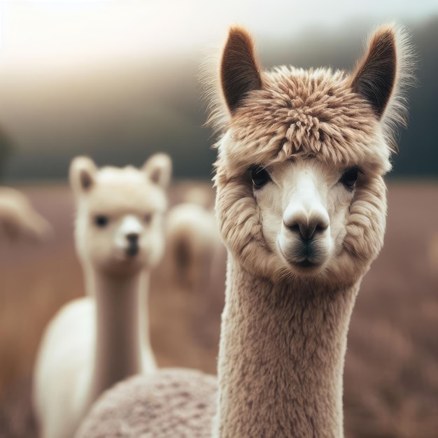 alpacas looking at camera in the field