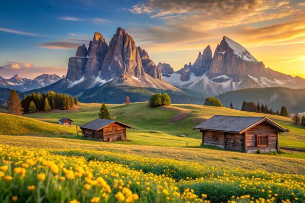 Photo alpe di siusi seiser alm with sassolungo langkofel mountain group in background at sunset yellow spring flowers and wooden chalets in dolomites trentino alto adige