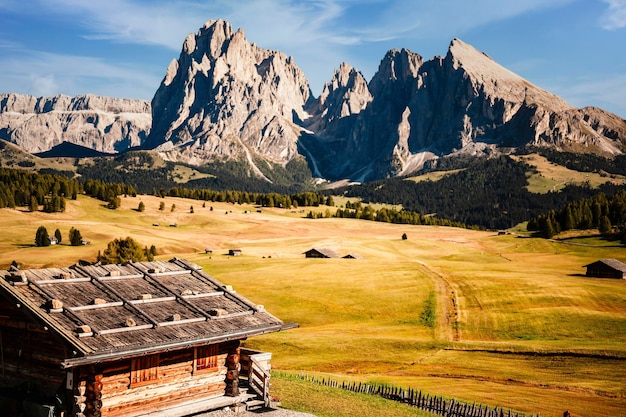 Alpe di Siusi Seiser Alm with Sassolungo Langkofel mountain group Majestic landscape of Alpine red a