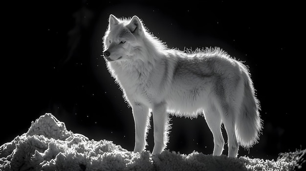 Alpha wolf pack leader standing in the forefront its silver fur illuminated in contrast to the pitchblack forest behind