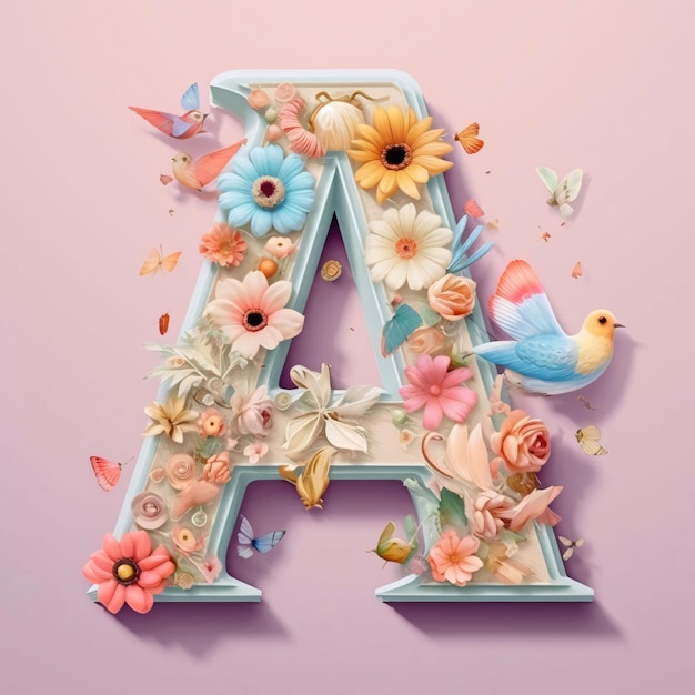 Alphabet letter A decorated with flowers and birds 3d rendering