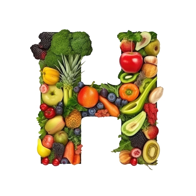 Alphabet or letter h from fresh vegetables and fruits