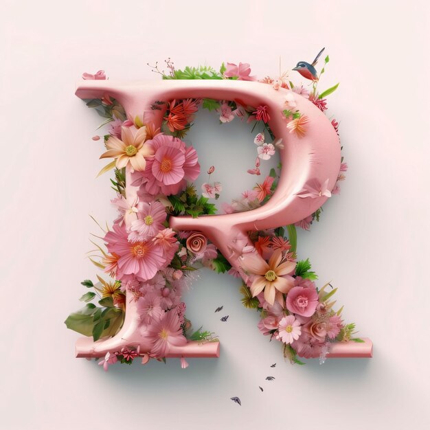 Photo alphabet letter r decorated with flowers and birds 3d rendering