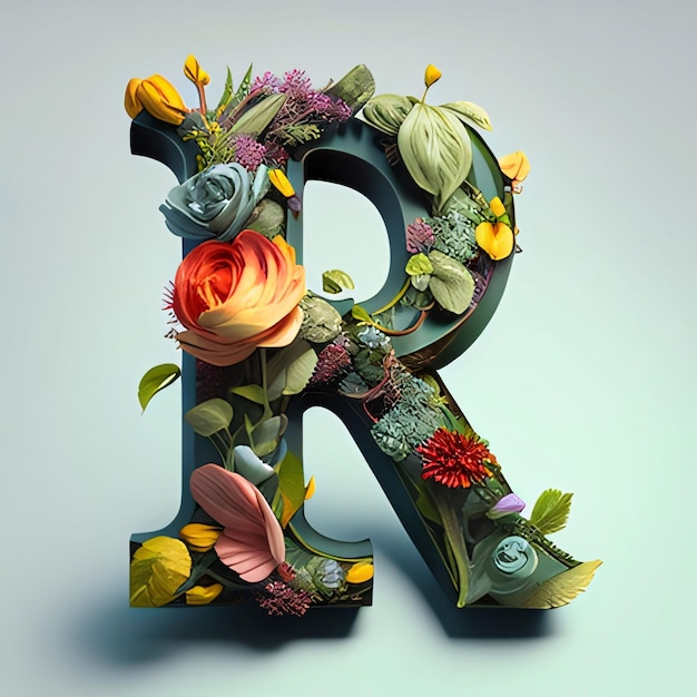 Alphabet letter R made of flowers and leaves 3D rendering