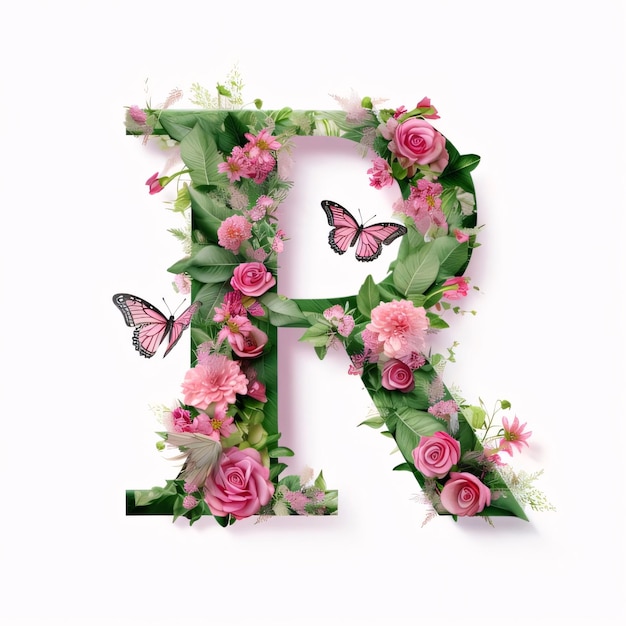 Photo alphabet letter r made of pink flowers and butterflies isolated on white background