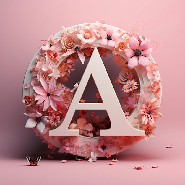 Alphabet letter A with floral decoration on pink background 3d rendering