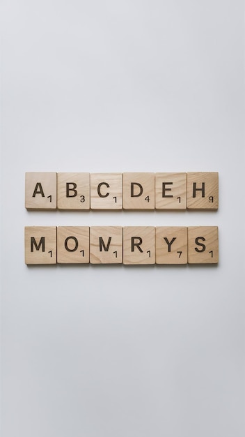 Photo alphabet letters on wooden scrabble pieces isolated on white