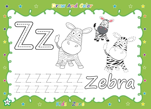 Alphabet a-z exercise with cartoon coloring book kids.