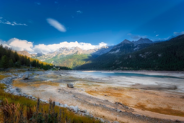 Alpine lake dried up in late summer