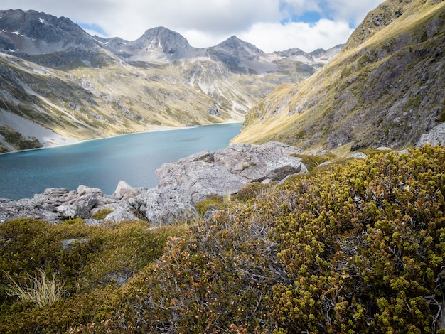 Alpine lake surrounded by mountains shot at nelson lakes national park new zealand