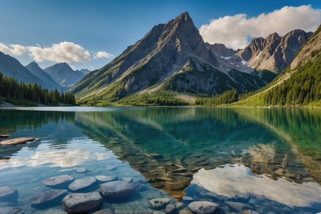 Alpine lake with crystal clear waters and mountains