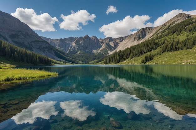 Alpine lake with crystal clear waters and mountains