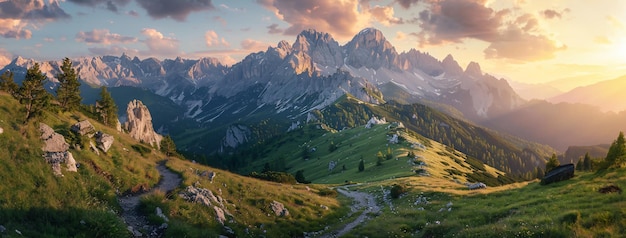 Alpine landscape panorama in the evening featuring Herzogstand Mountain