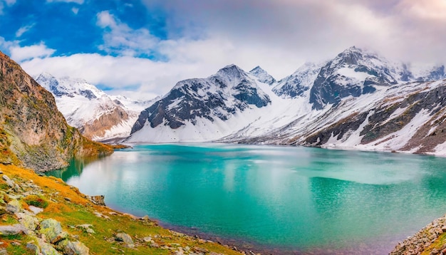 Alpine landscape of snowy mountains and glacier lake Natural scenery