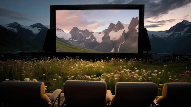 Photo alpine meadow cinema wildflowers snow peaks fresh mountain air