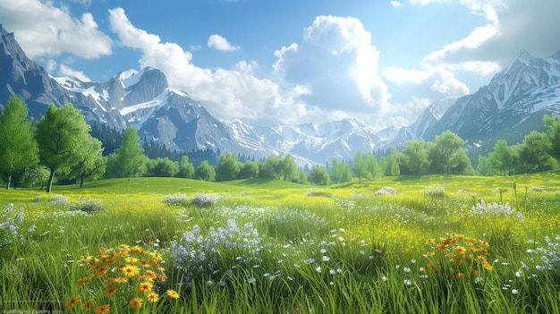 Alpine meadow in full bloom with snowcapped mountains in the distance