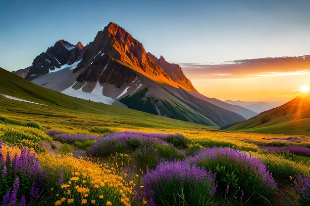 Alpine meadow vista Mountain bloom landscape Floral mountain scenery Wildflowercovered peaks