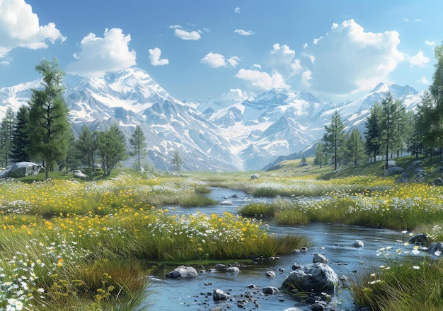 Alpine meadow with river and snow capped mountains in the distance